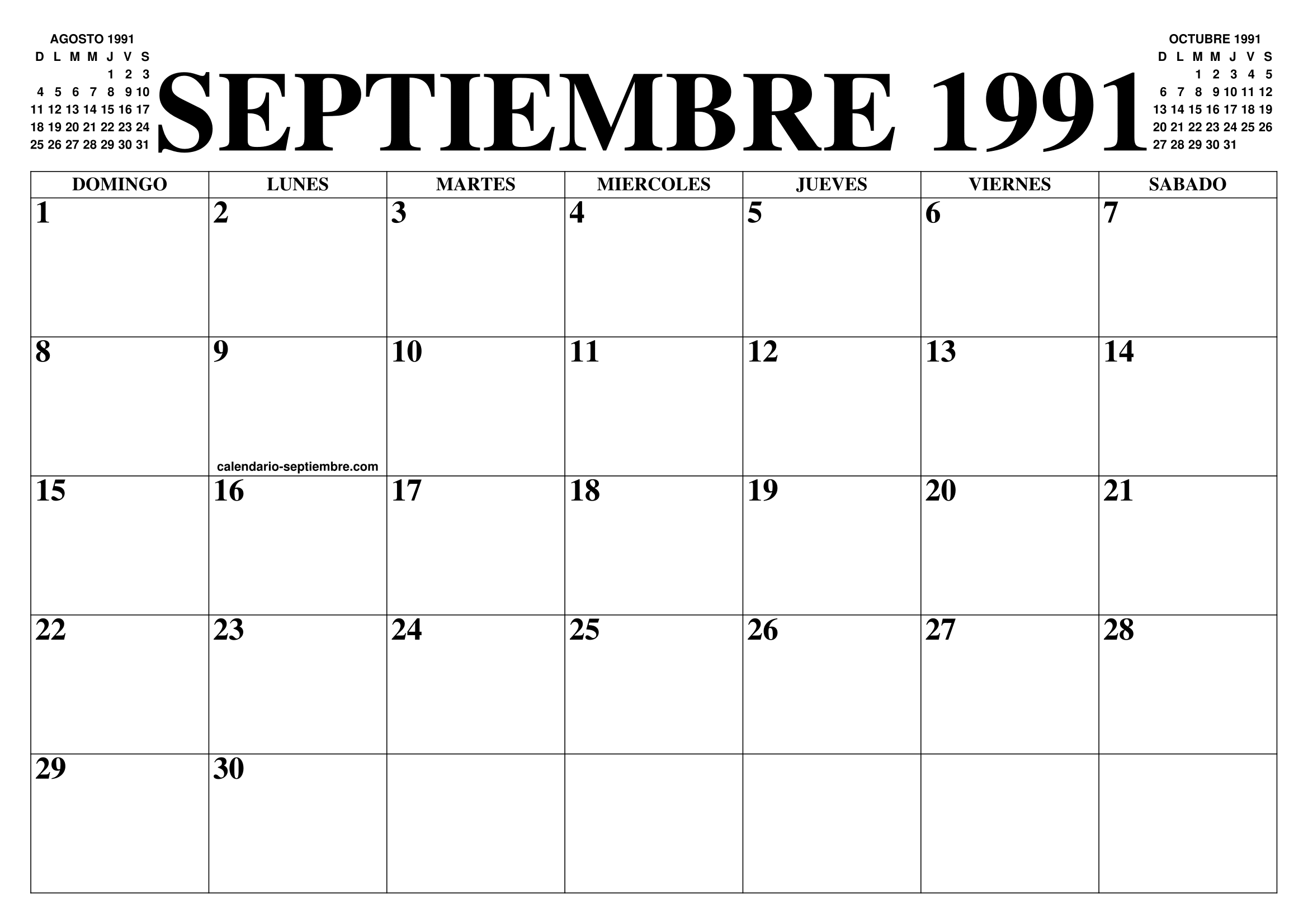 CALENDARIO SEPTIEMBRE 1991 : EL CALENDARIO SEPTIEMBRE PARA IMPRIMIR 