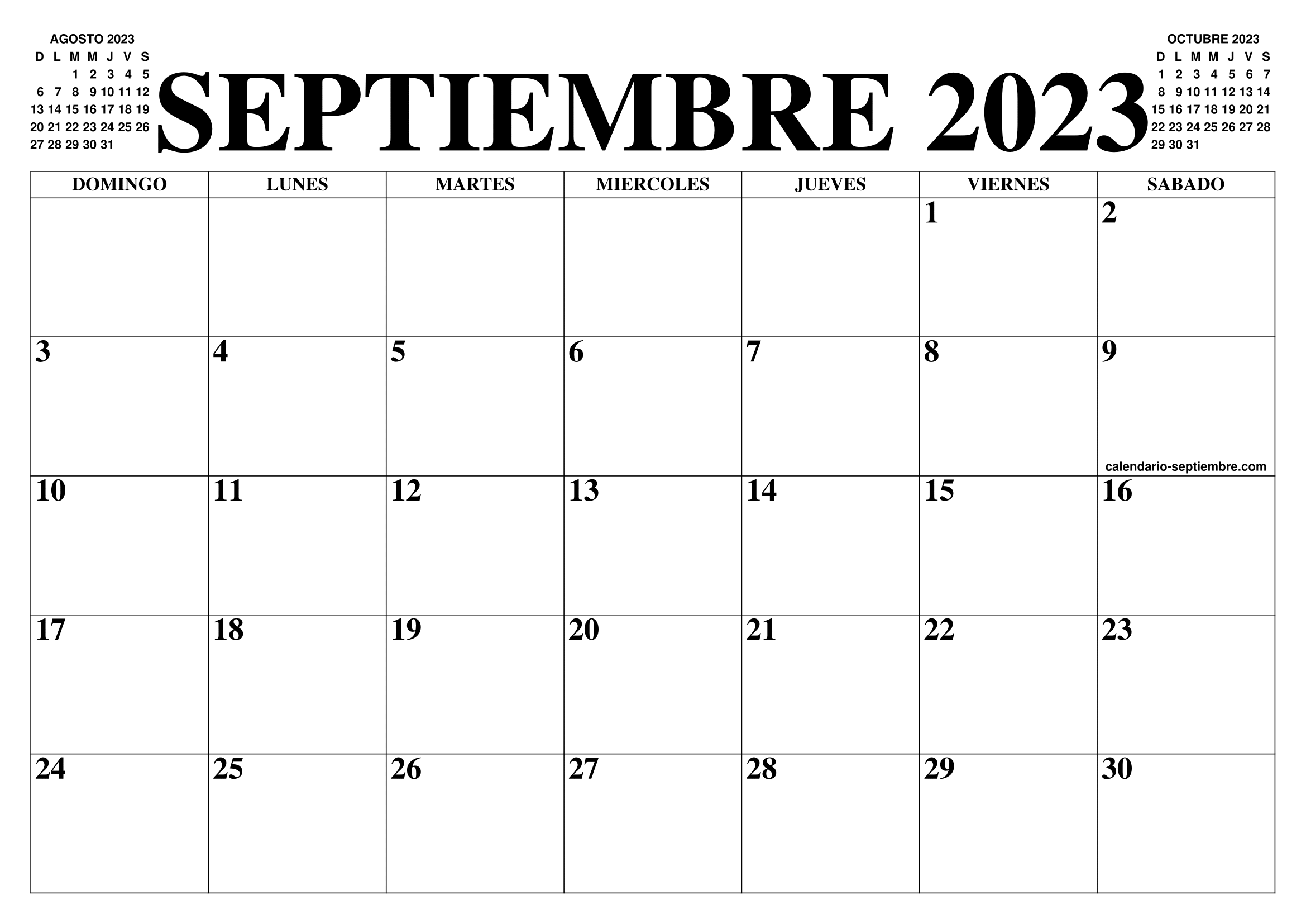Calendario para imprimir septiembre 2023
