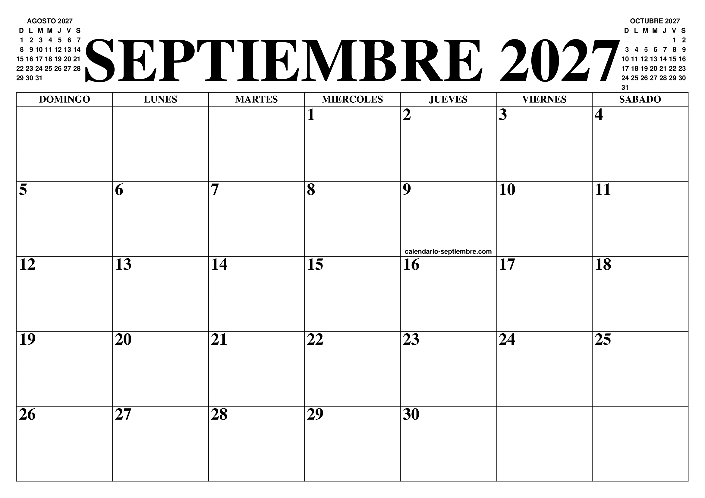 CALENDARIO SEPTIEMBRE 2027 : EL CALENDARIO SEPTIEMBRE PARA IMPRIMIR